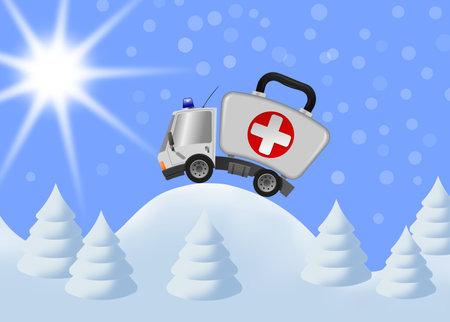 Ambulance car emergency auto as first aid kit and winter landscapeの写真素材