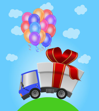 Delivery truck with gift box and balloonの写真素材