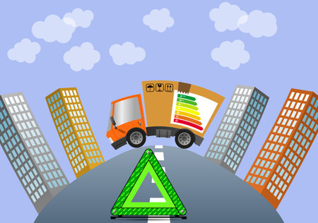 Delivery truck with cardboard box and energy label in cityの写真素材