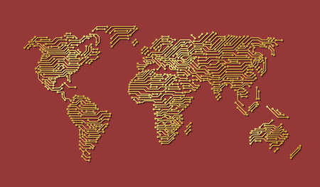 Printed circuit board map of World, gold illustrationの写真素材