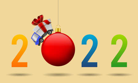 2022 Happy New Year and delivery truck with gift box and christmas ball, illustrationの写真素材