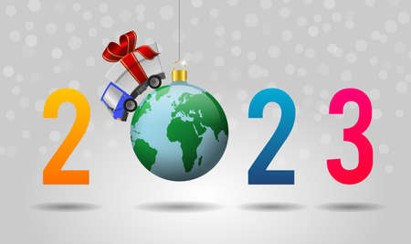 2023 Happy New Year and delivery truck with gift box and christmas ball globe, illustrationの写真素材