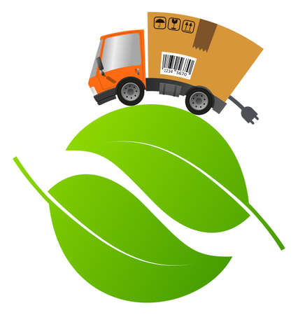 Delivery truck with cardboard box and leaf, electric carのイラスト素材