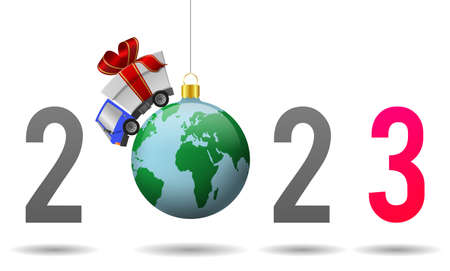 2023 Happy New Year and delivery truck with gift box and christmas ball globe, illustrationの写真素材