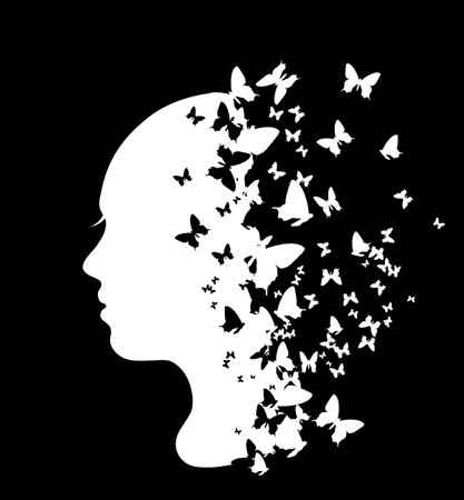 Silhouette of a girl with butterflies, vector illustrationのイラスト素材