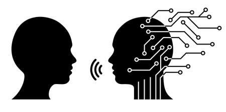 Silhouette of human head and printed circuit, voice Artificial Intelligenceのイラスト素材
