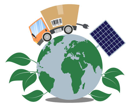 Delivery truck with cardboard box and globe, concept ecology and environmentのイラスト素材