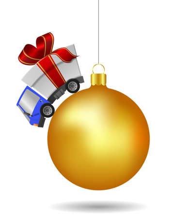 Delivery truck with gift box and christmas ball, illustrationの写真素材