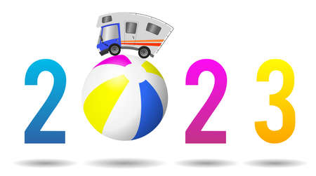 2023 Happy New Year, caravan car confort travel on holiday and beach ballの写真素材