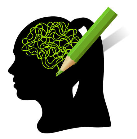 Silhouette of human head and abstract brain, illustrationの写真素材