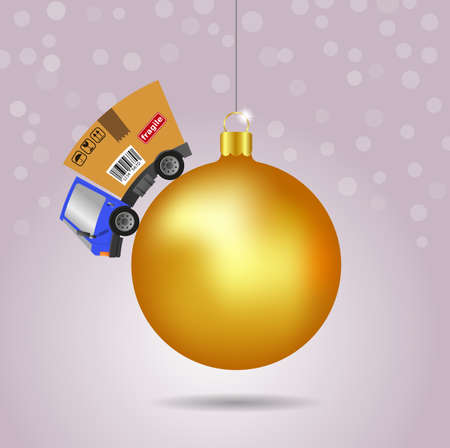Delivery truck with gift box and christmas ball, illustrationの写真素材