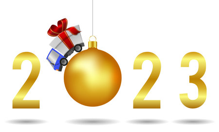 2023 Happy New Year and delivery truck with gift box and christmas ball, illustrationの写真素材