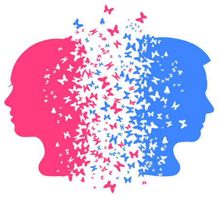 Silhouette girl and boy with butterflies, vector illustrationのイラスト素材