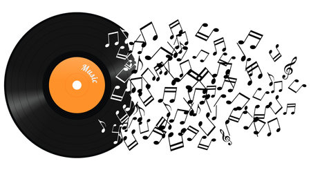 Abstract vinyl record with notes, transparent backgroundの写真素材