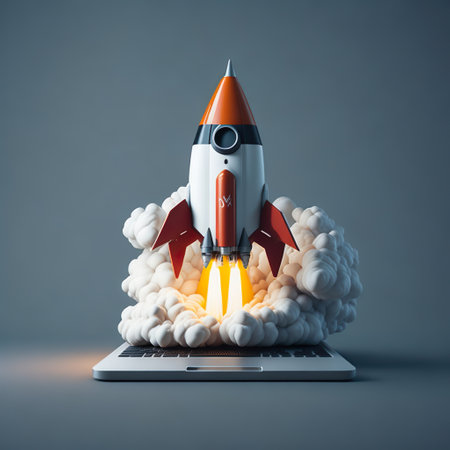 Flying rocket and open laptop, Generative AI Illustrationの素材