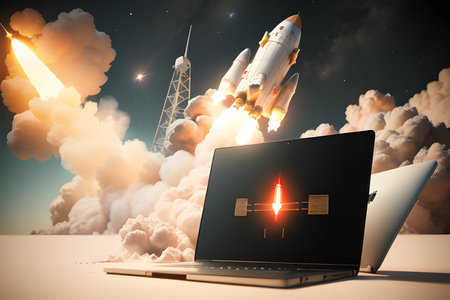 Flying rocket and open laptop, Generative AI Illustrationの素材