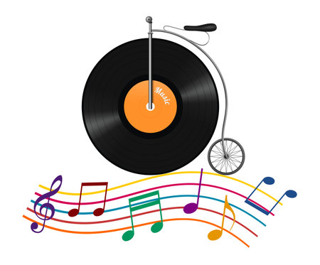 Retro vinyl record bicycle in music notesの写真素材
