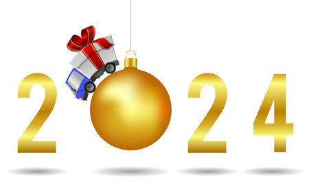 2024 Happy New Year and delivery truck with gift box and christmas ball, illustrationの写真素材