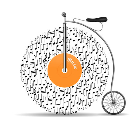 Retro vinyl record bicycle in music notesの写真素材