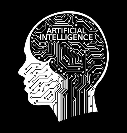Silhouette of human head and printed circuit, Artificial Intelligenceのイラスト素材