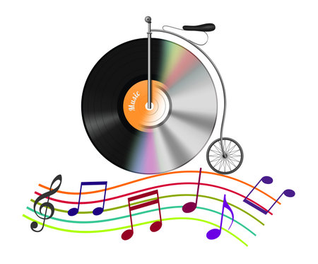 Retro vinyl record bicycle in music notesの写真素材