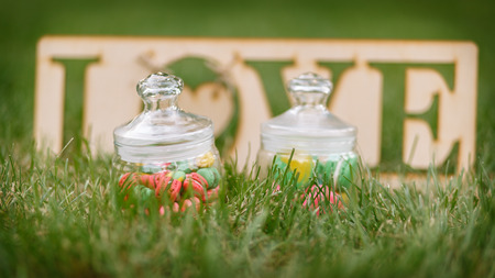 Sweets on a plate that is on the table on a background of green grassの写真素材