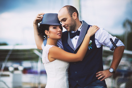 Stylish Autumn wedding a beautiful bride and brave groomの写真素材