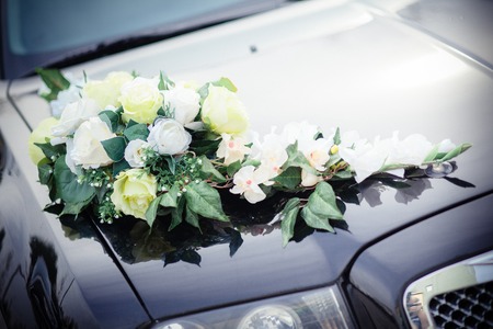 decoration wedding car flower hood black stylishの写真素材