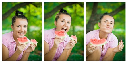 Cheerful woman biting a watermelon eat sweetの写真素材
