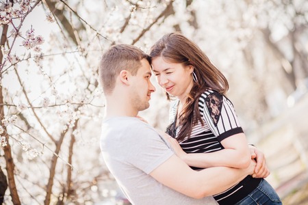 loving couple in nature spring eveningの写真素材