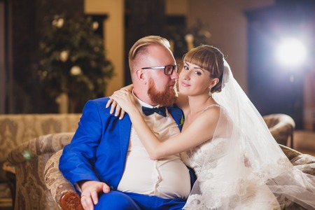 funny bride and groom on the weddingの写真素材