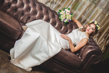 Wedding bouquet hotel room sofaの写真素材