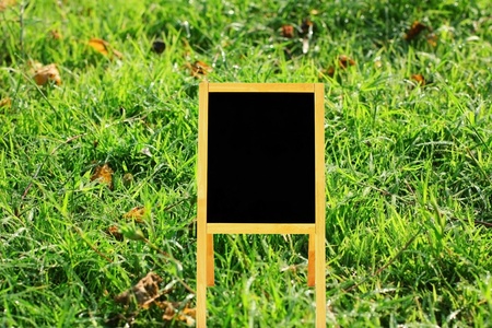 blank black board on green grassの写真素材