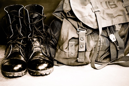 Black leather army boots and Army bag soldier