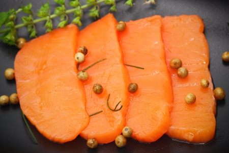 Sliced raw fatty salmon  Salmon sashimi の写真素材