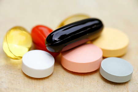 Macro of background made from pills and capsulesの写真素材