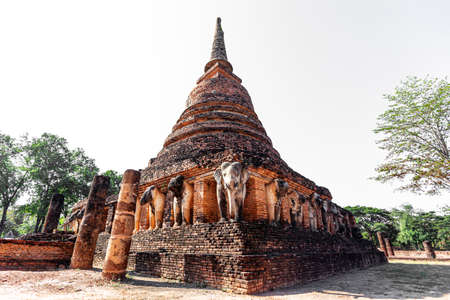 The Ancient Elephants Stucco around the pagoda at Wat Sorasak in Sukhothai Historical Park one of World Heritage in Thailandのeditorial素材