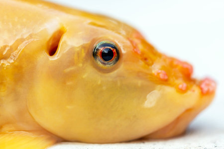 A closeup shot of the head of a yellow frog with a red eyeの写真素材