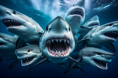 multiple shark face only packed together and straight look the same way. Created using Generative AIの素材