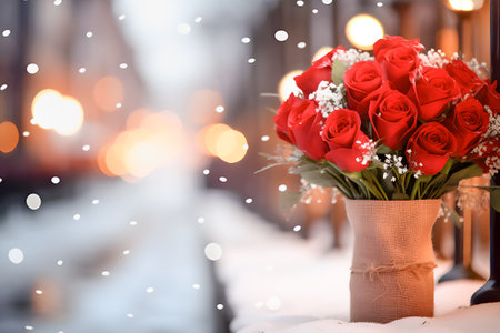 Bouquets of various warm colors on a long wooden table Along the promenade at night in a romantic atmosphere. During the snow., Generative Aiの素材