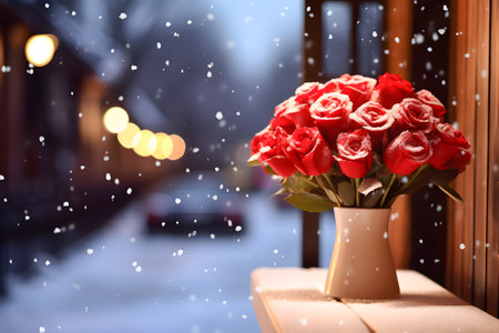 Bouquets of various warm colors on a long wooden table Along the promenade at night in a romantic atmosphere. During the snow., Generative Aiの素材