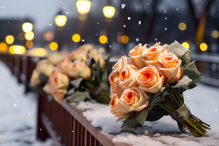 Bouquets of various warm colors on a long wooden table Along the promenade at night in a romantic atmosphere. During the snow., Generative Aiの素材