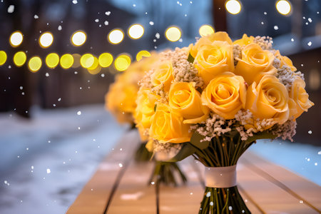 Bouquets of various warm colors on a long wooden table Along the promenade at night in a romantic atmosphere. During the snow., Generative Aiの素材