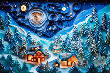 A small town among the snowy mountains from paper cutting art. Created using Generative AIの素材