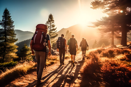 Group of tourists hiking with backpacks on mountain footpath Beautiful sunlight over natural landscape. Created using Generative AIの素材