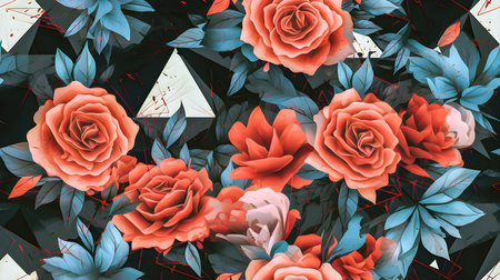 floral pattern of roses and geometrical shapes on a black backgroundの素材