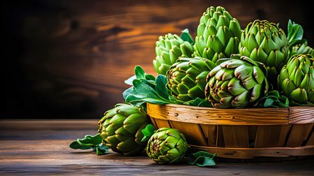 Fresh green artichokes in a basket on a wooden table.の素材