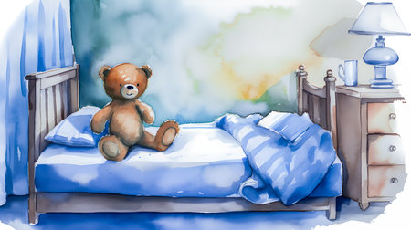 Teddy bear on the bed. Watercolor illustration for children.の素材