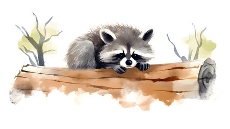 Raccoon on a log. Watercolor hand drawn illustration.の素材
