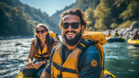 Group of happy friends rafting on the river in a sunny dayの素材